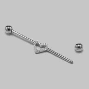 Industrial Barbell Set CZ Paved Heart in Silver - Titanium