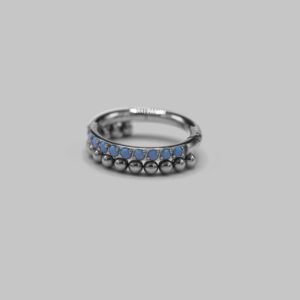 Hinged Segment Ring Turquoise Paved Side with Balls Weld in Silver -Titanium